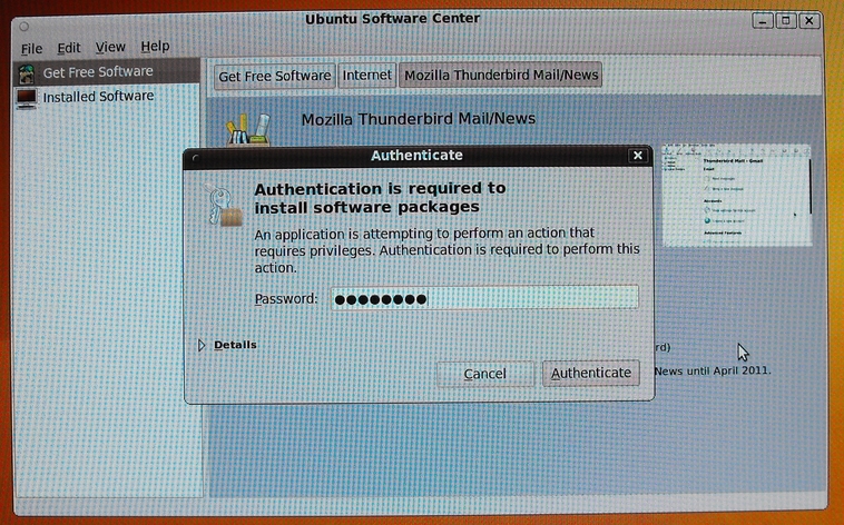 D033_ubuntuSoftwareCenter_thunderbirdInstallPasswdPrompt_2010-10-12_18:25_758x472.jpg
